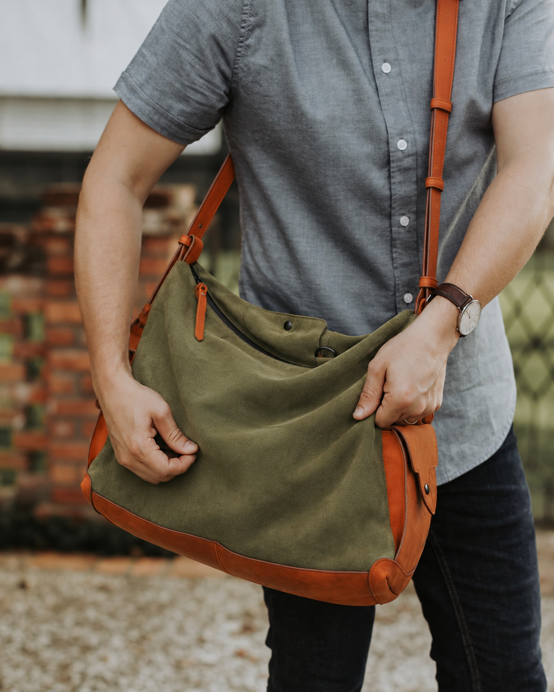 KAKAVY - Olive Green Leather Pocket Crossbody Bag - Worn close-up