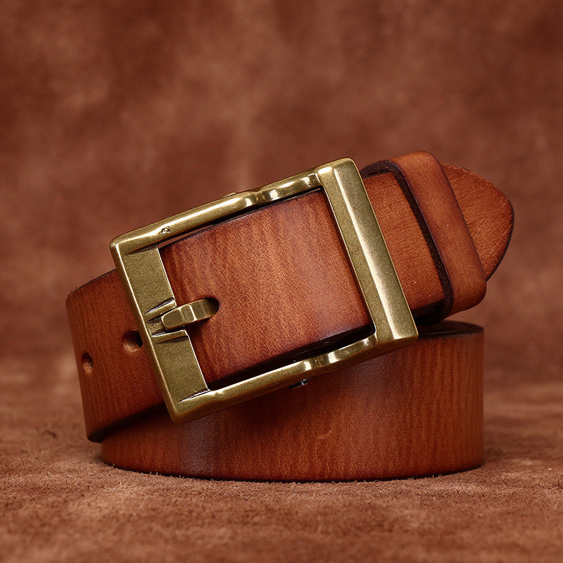 Tan vintage distressed top-grain leather belt with antique brass-tone buckle