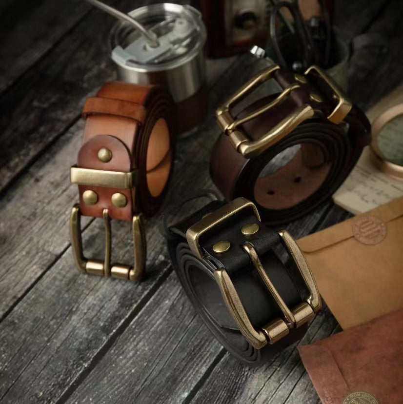 Vegetable-Tanned Top-Grain Leather Belt with Heavy Brass Buckle - product view 4