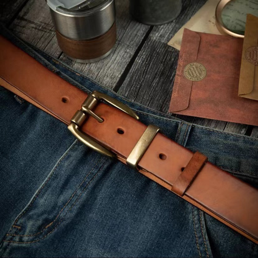 Vegetable-Tanned Top-Grain Leather Belt with Heavy Brass Buckle - product view 6