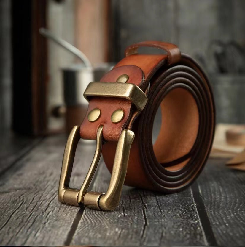 Vegetable-Tanned Top-Grain Leather Belt with Heavy Brass Buckle - product view 3